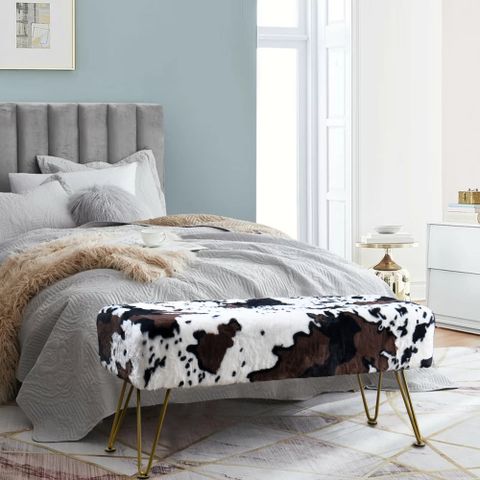 Home Soft Things Faux Fur Ottoman - Cows Flowers - Gold Leg - 46X16X17 ... pertaining to Cows Flowers Rectangle Ottoman, Cows Flowers, 46X16X17
